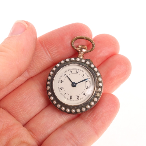 1041 - An Antique Swiss silver gold enamel and pearl open-face keyless fob watch, circa 1900, silvered dial... 