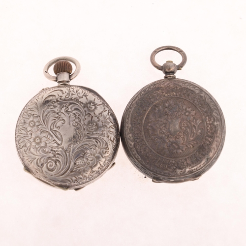 1045 - 2 Antique Swiss silver open-face fob watches, circa 1900, largest case width 37mm (2)