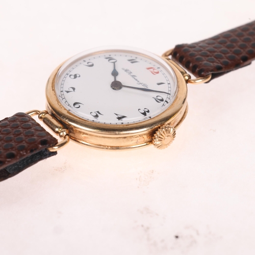 1062 - HENRY MOSER & CIE - a 14k gold mechanical wristwatch, pre 1917, white enamel dial with hand painted ... 