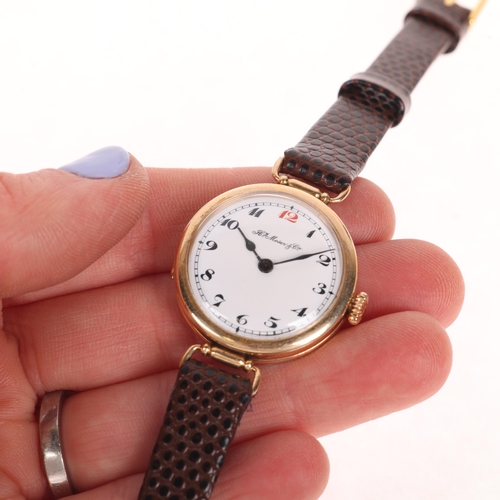 1062 - HENRY MOSER & CIE - a 14k gold mechanical wristwatch, pre 1917, white enamel dial with hand painted ... 