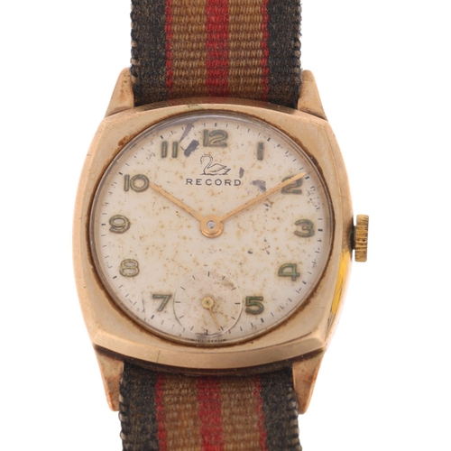 1063 - RECORD - a 9ct gold mechanical wristwatch, circa 1960s, silvered dial with gilt Arabic numerals, pen... 