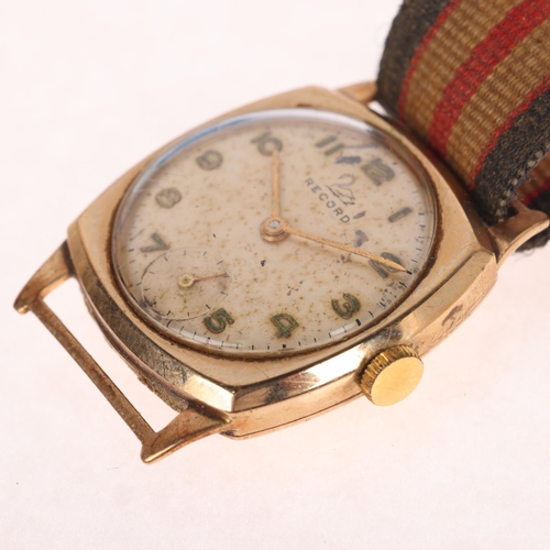 1063 - RECORD - a 9ct gold mechanical wristwatch, circa 1960s, silvered dial with gilt Arabic numerals, pen... 