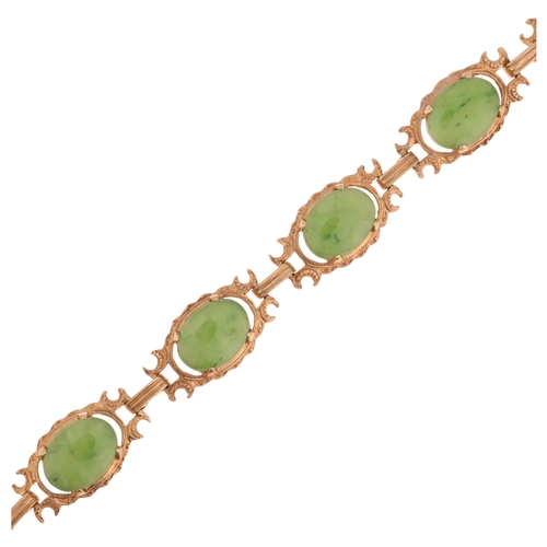 A 9ct gold nephrite panel bracelet, each panel set with oval cabochon ...