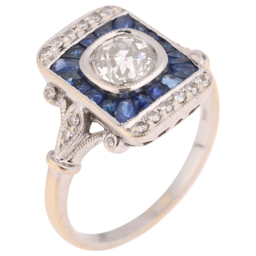 1215 - An Art Deco style 18ct white gold sapphire and diamond plaque ring, centrally set with a 0.5ct old-c... 