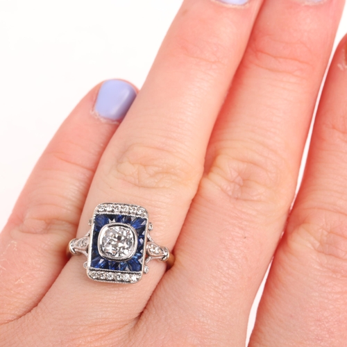 1215 - An Art Deco style 18ct white gold sapphire and diamond plaque ring, centrally set with a 0.5ct old-c... 