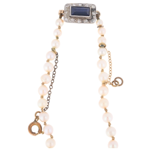 1226 - A single-strand pearl bead necklace, set with 8.1-3.3mm pearls, with 9ct gold synthetic? sapphire an... 