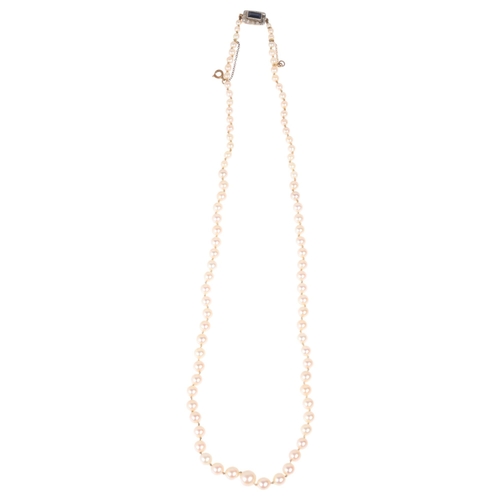 1226 - A single-strand pearl bead necklace, set with 8.1-3.3mm pearls, with 9ct gold synthetic? sapphire an... 