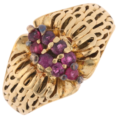 1229 - A Continental 18ct gold ruby dress ring, set with round-cut ruby marquise cluster, setting height 10... 