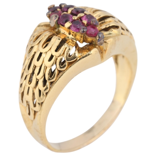 1229 - A Continental 18ct gold ruby dress ring, set with round-cut ruby marquise cluster, setting height 10... 