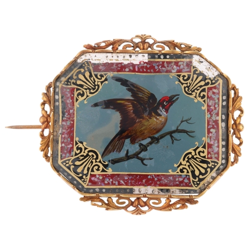 1234 - An Antique Continental 18ct gold miniature watercolour bird panel brooch, the octagonal panel with r... 