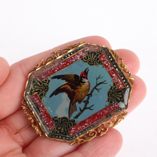 1234 - An Antique Continental 18ct gold miniature watercolour bird panel brooch, the octagonal panel with r... 