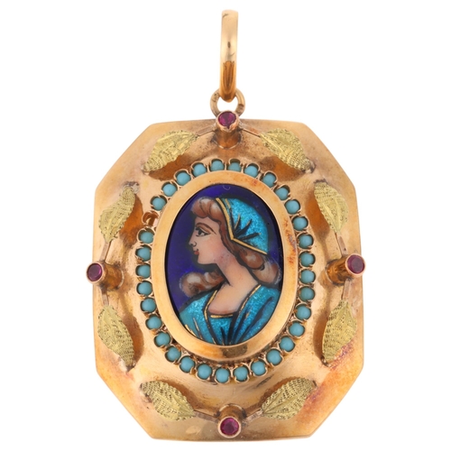 1235 - A Portuguese 800 gold (19.2ct), enamel turquoise and ruby miniature portrait pendant, the oval panel... 