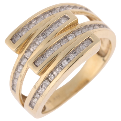 1236 - A 9ct gold diamond crossover dress ring, channel set with modern round single-cut diamonds, total di... 