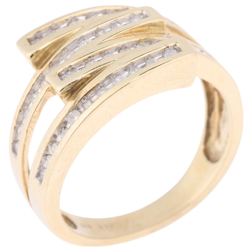 1236 - A 9ct gold diamond crossover dress ring, channel set with modern round single-cut diamonds, total di... 