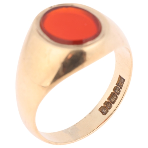 1237 - A 9ct gold carnelian signet ring, maker LA, Birmingham 1977, setting height 13.1mm, size O, 3.7g