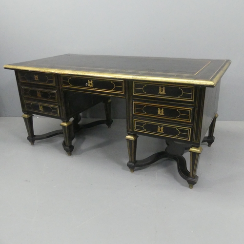 2081 - A Louis XIV design Bureau Mazarin or pedestal desk, ebonised and inlaid all over with geometric line... 