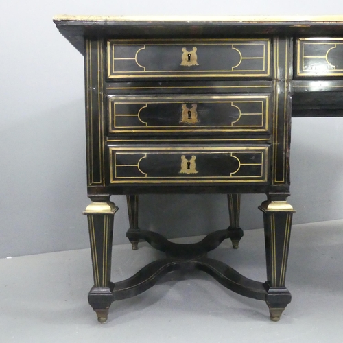 2081 - A Louis XIV design Bureau Mazarin or pedestal desk, ebonised and inlaid all over with geometric line... 