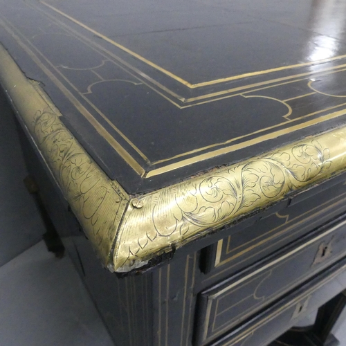 2081 - A Louis XIV design Bureau Mazarin or pedestal desk, ebonised and inlaid all over with geometric line... 