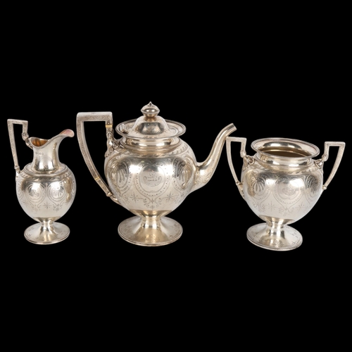 1764 - A Victorian silver 3-piece tea set, Henry Holland, London 1870, bulbous form, with beaded edge and b... 