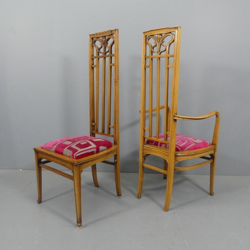 2050 - A set of six Italian Art Nouveau design dining chairs by Medea, the legs rising to a high backrest w... 