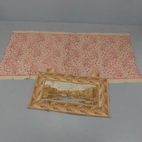 2298 - An embroidered wool shawl, length 220cm, width 112cm, and a French tapestry. (2)