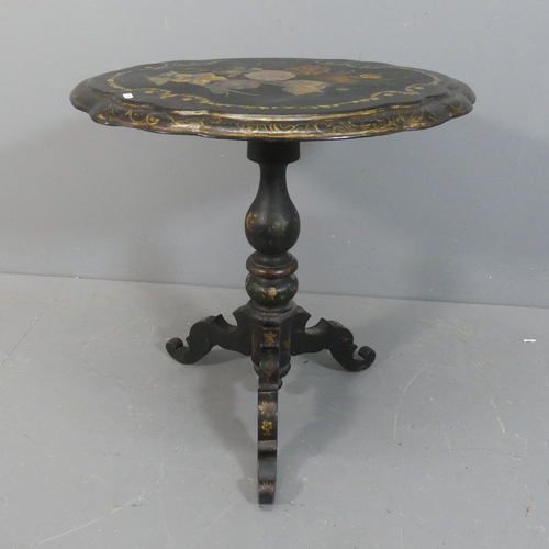 2035 - A Victorian ebonised and papier mache tilt-top occasional table, with inlaid mother of pearl and han... 