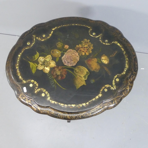 2035 - A Victorian ebonised and papier mache tilt-top occasional table, with inlaid mother of pearl and han... 