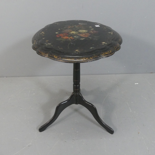 2037 - A 19th century ebonised and papier mache tilt-top occasional table, with inlaid mother of pearl and ... 