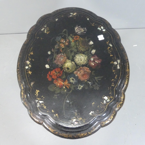 2037 - A 19th century ebonised and papier mache tilt-top occasional table, with inlaid mother of pearl and ... 