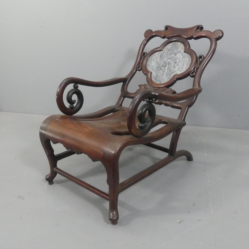 2043 - A 19th century Chinese rosewood moon-gazing chair, with marble panelled back.