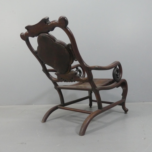 2043 - A 19th century Chinese rosewood moon-gazing chair, with marble panelled back.