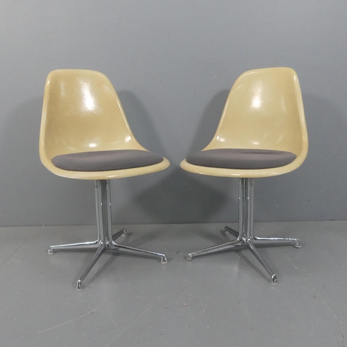 2045 - CHARLES EAMES - A pair of Vitra fibre glass side chairs with upholstered seat and on rare La Fonda b... 