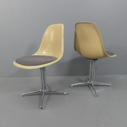 2045 - CHARLES EAMES - A pair of Vitra fibre glass side chairs with upholstered seat and on rare La Fonda b... 