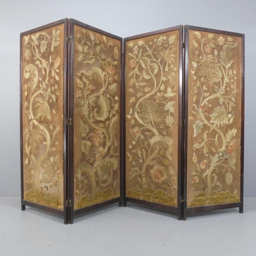 2047 - A 19th century oak-framed four-fold room divider screen, with William Morris design fabric panels, i... 