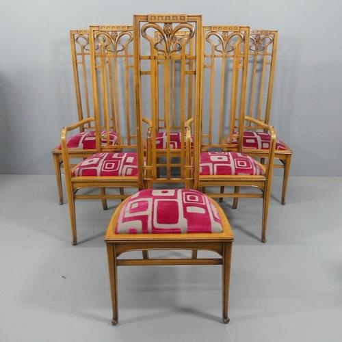 2050 - A set of six Italian Art Nouveau design dining chairs by Medea, the legs rising to a high backrest w... 