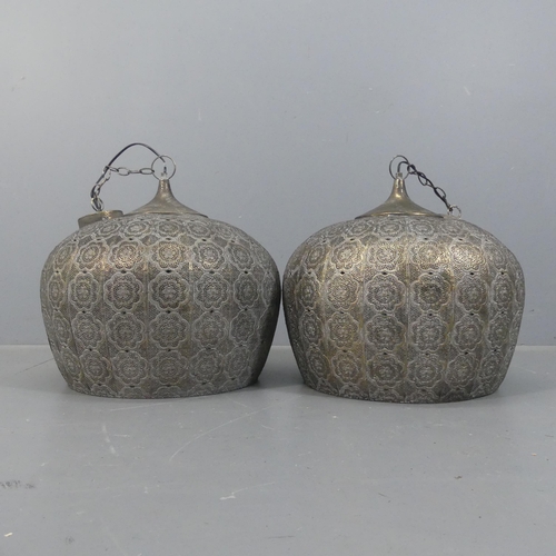 2061 - A pair of contemporary Morrocan design pierced brass pendant light fittings. Diameter 50cm, height 4... 