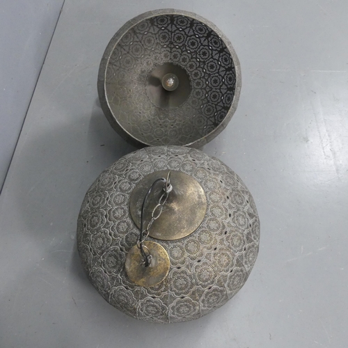 2061 - A pair of contemporary Morrocan design pierced brass pendant light fittings. Diameter 50cm, height 4... 