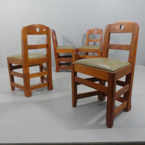 2066 - A set of four Brutalist teak dining chairs with leather upholstered seats.