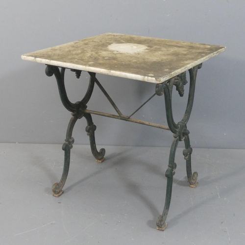 2074 - A French square marble topped patisserie table on painted cast iron base. Width 67cm, height 72cm.