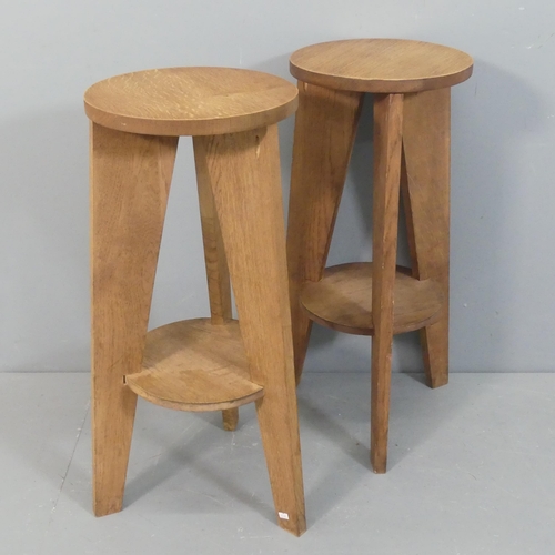 2076 - A pair of French mid-century oak high stools in the manner of Jean Prouve. Height 80cm