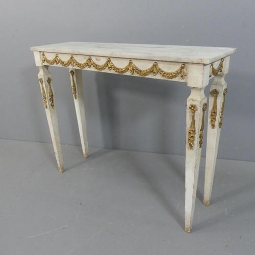 2078 - A French rectangular marble-topped console table, with applied carved decoration and rasied on squar... 