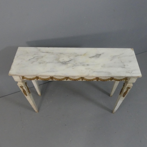 2078 - A French rectangular marble-topped console table, with applied carved decoration and rasied on squar... 