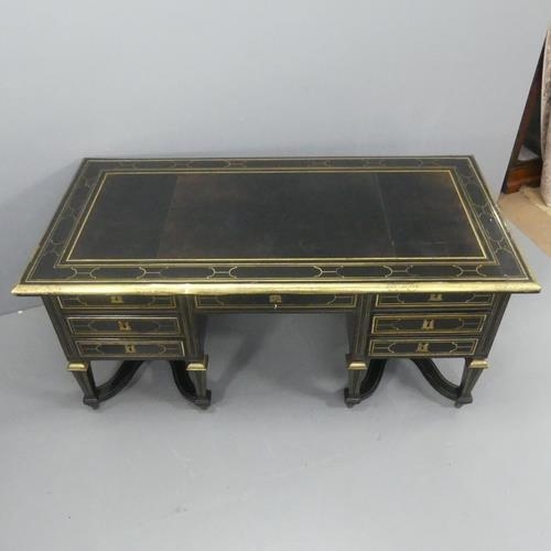 2081 - A Louis XIV design Bureau Mazarin or pedestal desk, ebonised and inlaid all over with geometric line... 