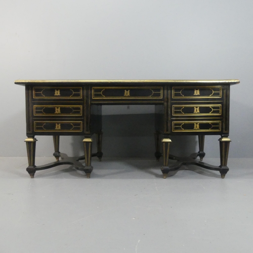 2081 - A Louis XIV design Bureau Mazarin or pedestal desk, ebonised and inlaid all over with geometric line... 