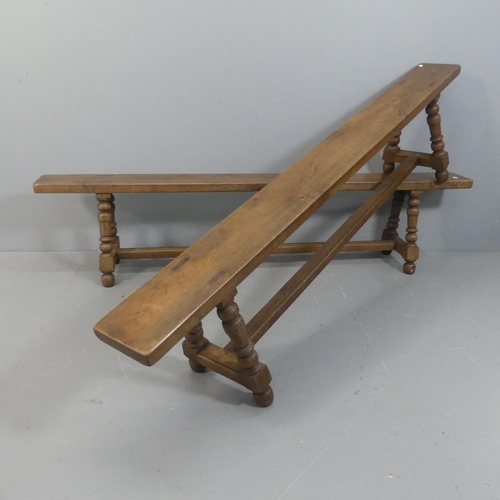 2082 - A pair of 19th century French oak benches with A-frame trestle supports. Length 200cm, height 45cm, ... 