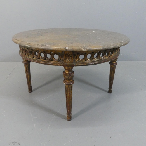 2083 - A 19th century French circular marble topped low gueridon / coffee table on giltwood base with carve... 