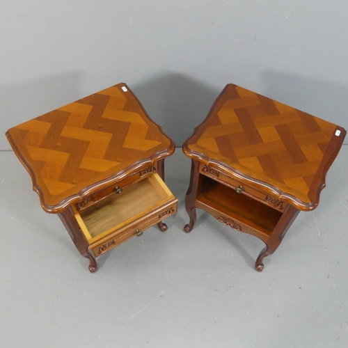 2084 - A pair of French mahogany pot cupboards, with parquetry tops and cabriole legs. Width 46cm, height 6... 