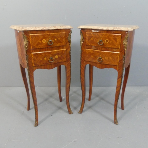 2086 - A pair of French Kingwood veneered marble topped bedside chests of two drawers, with brass ormolu mo... 