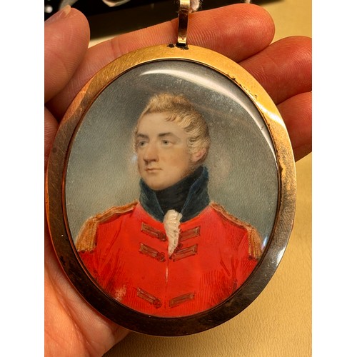 12 - 19th century miniature portrait of a military officer, watercolour on ivory in unmarked gold frame (... 