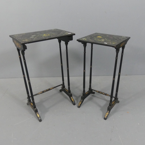 2253 - A graduated pair of Chinese black lacquered rectangular occasional tables, with inlaid mother of pea... 